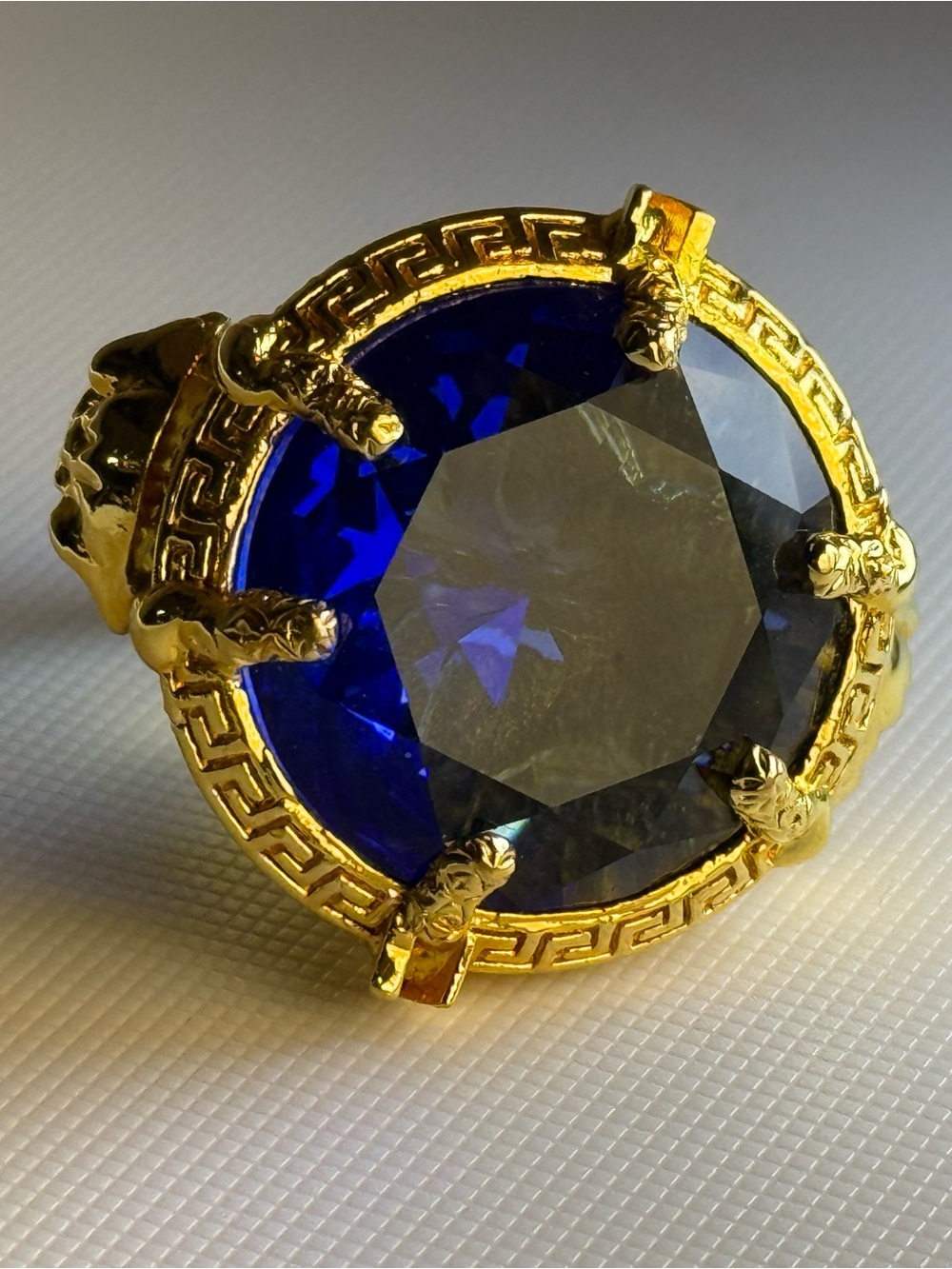 Vintage 1990s VERSACE Medusa Greca Blue Crystal Statement Ring Made in Italy 7.5